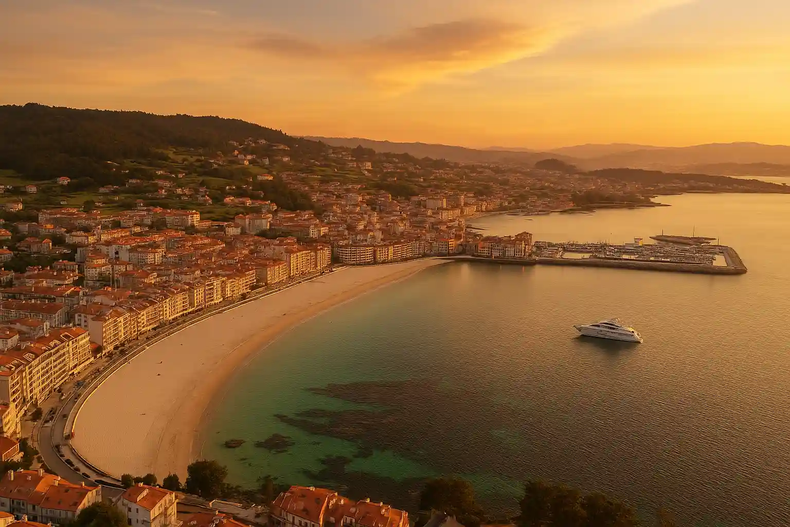 Vista aérea de Sanxenxo al atardecer con playa de Silgar y yate en el mar