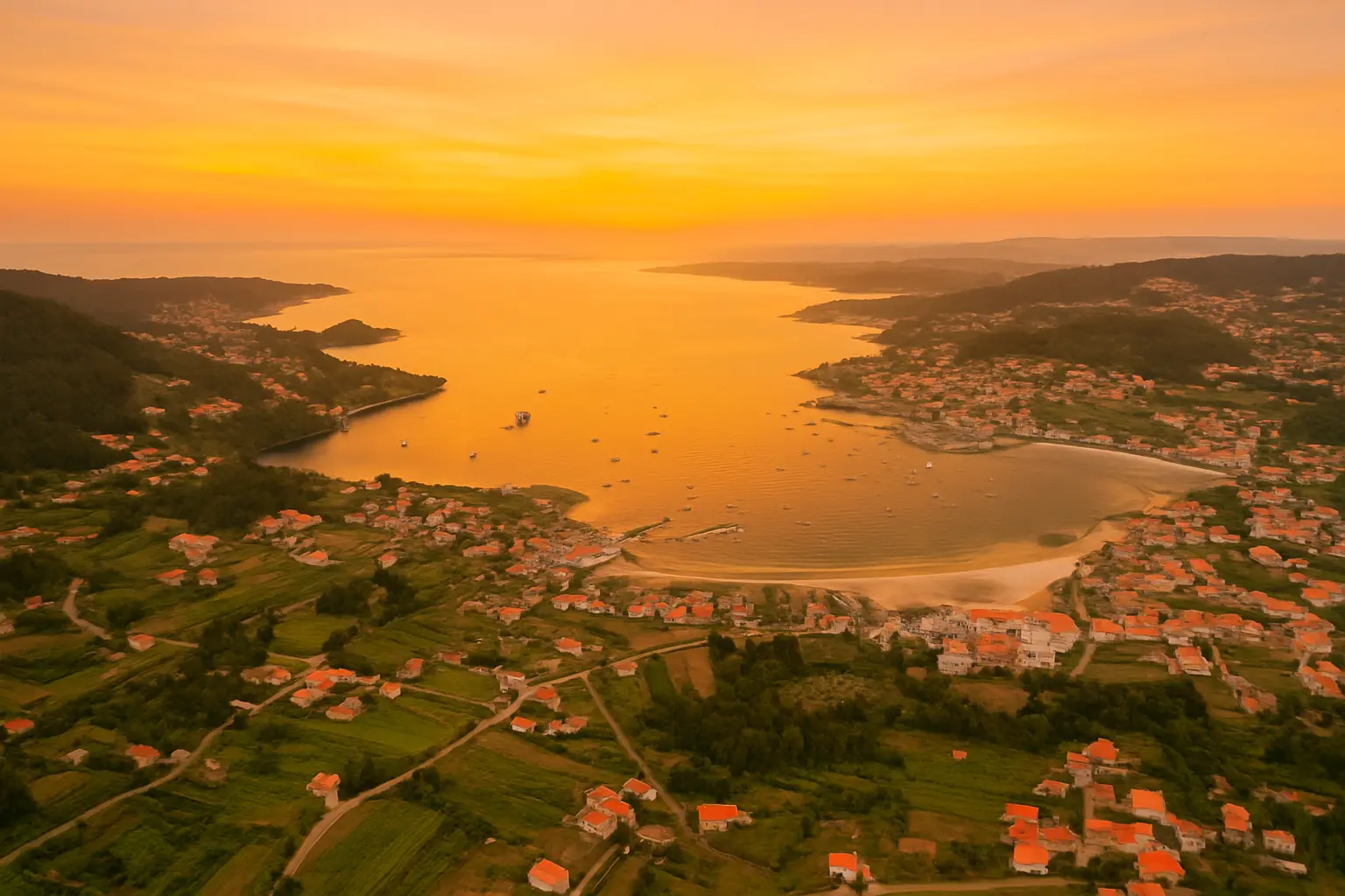 Atardecer sobre la Ría de Aldán con embarcaciones y paisaje costero gallego